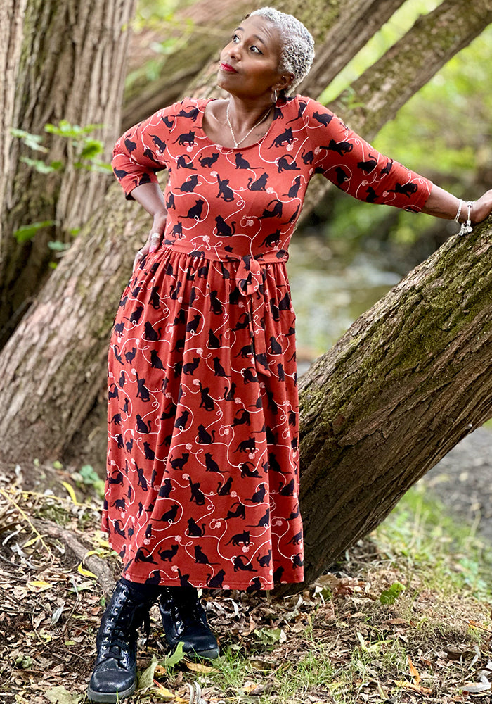 Nour Chestnut Playful Cats Print Cotton Midi Dress