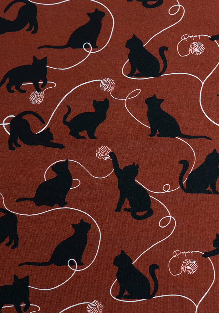 Nour Chestnut Playful Cats Print Cotton Midi Dress