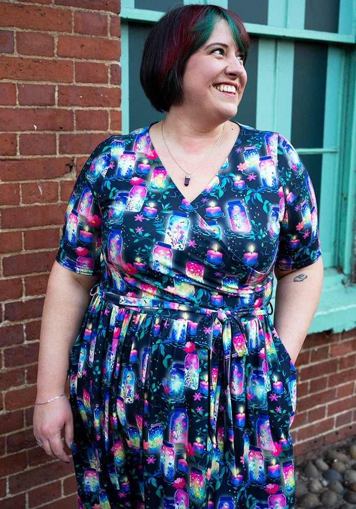 Eighth angle of Nura Illuminated Jars &amp; Candles Print Midi Dress