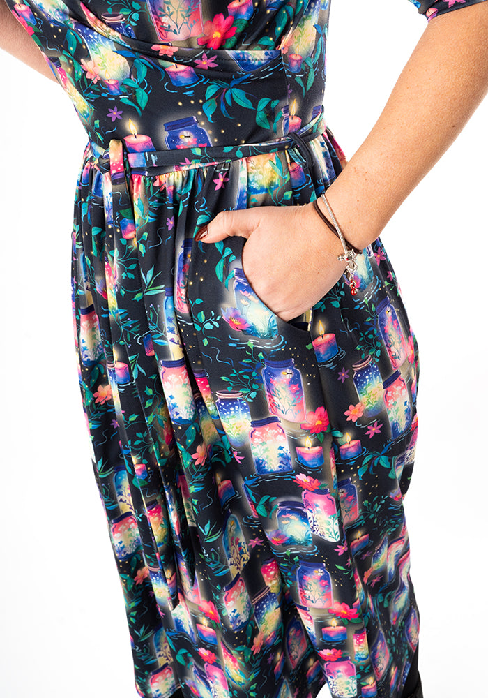 Fifth angle of Nura Illuminated Jars &amp; Candles Print Midi Dress