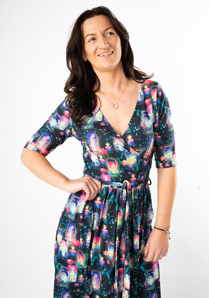 Ninth angle of Nura Illuminated Jars &amp; Candles Print Midi Dress