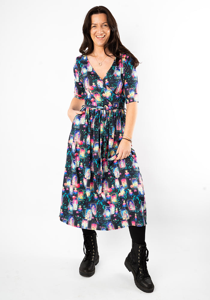 Fourth angle of Nura Illuminated Jars &amp; Candles Print Midi Dress