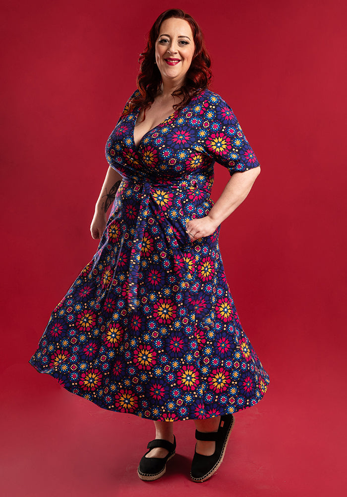Nyla Moroccan Tile Print Cotton Midi Dress