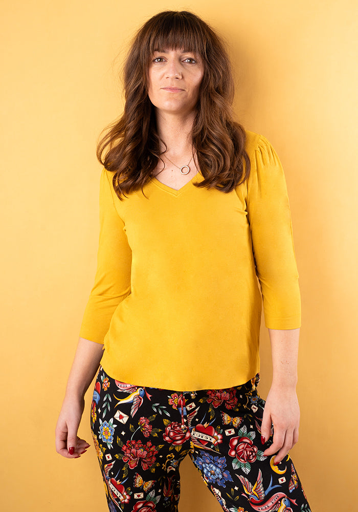 Front view of Kirsty Ochre V Neck Viscose Top