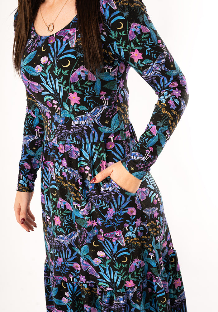 Odessa Mystical Moths Print Cotton Midaxi Dress