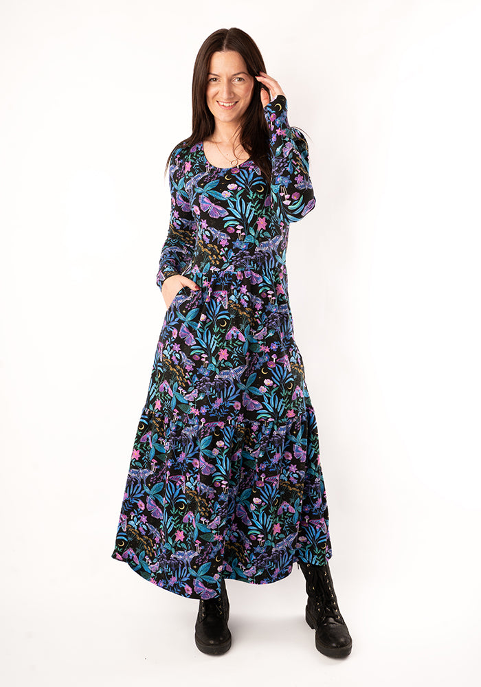 Third angle of Odessa Mystical Moths Print Cotton Midaxi Dress