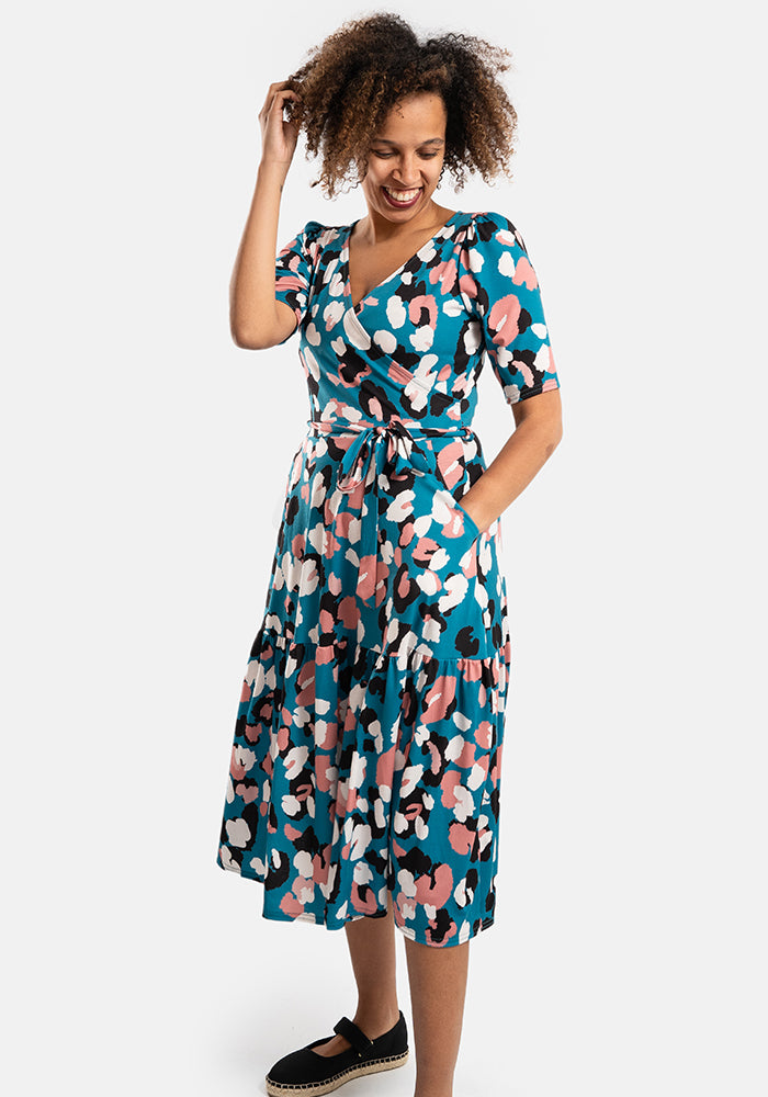 Odine Pretty Animal Print Tiered Hem Midi Dress