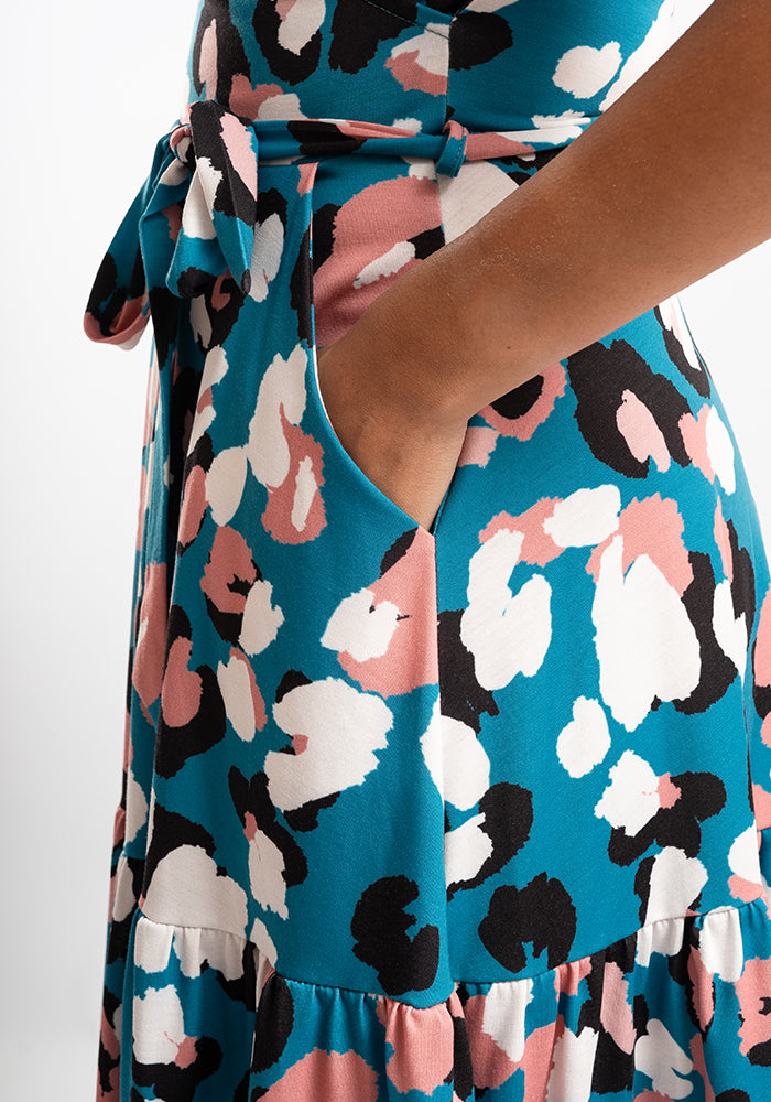 Odine Pretty Animal Print Tiered Hem Midi Dress