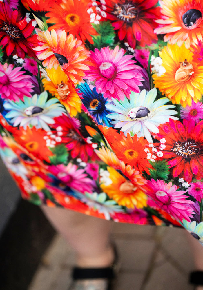 close up colourful floral and cat pattern print