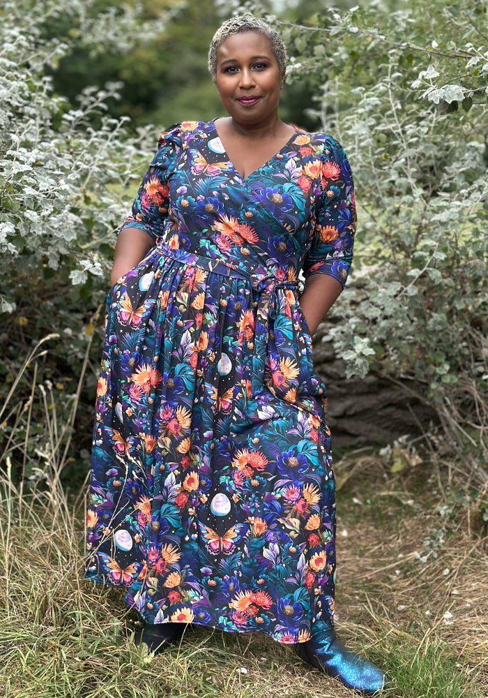 Front view of Ollivander Full Moon Butterfly Floral Print Midaxi Dress