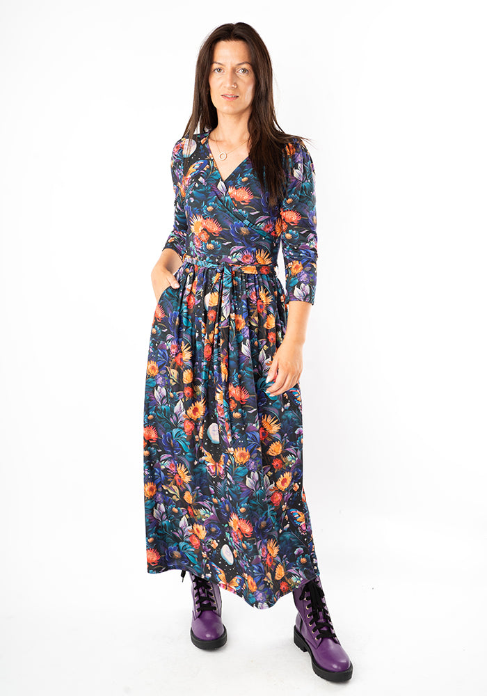 Third angle of Ollivander Full Moon Butterfly Floral Print Midaxi Dress