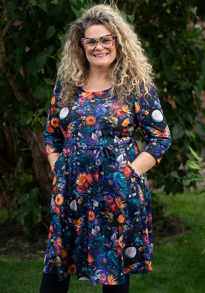 Front view of Oraya Full Moon Butterfly Floral Print Dress