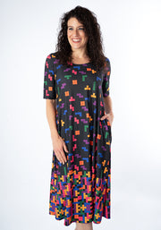 Ona Falling Blocks Border Print Midi Dress