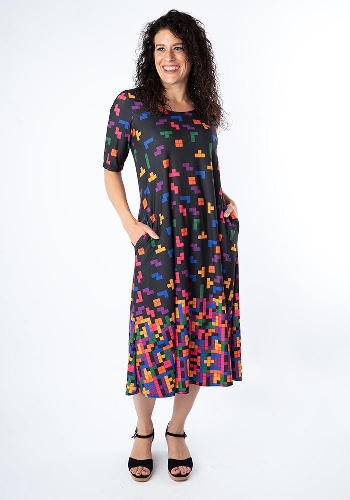 Ona Falling Blocks Border Print Midi Dress