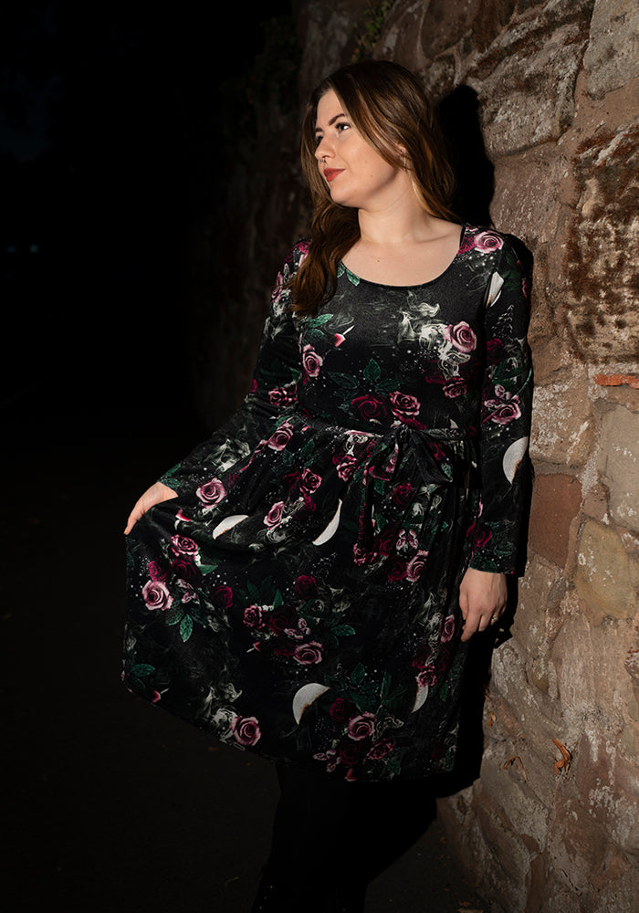 Ondine Gothic Rose Velour Print Dress