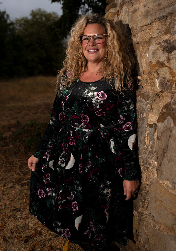 Ondine Gothic Rose Velour Print Dress