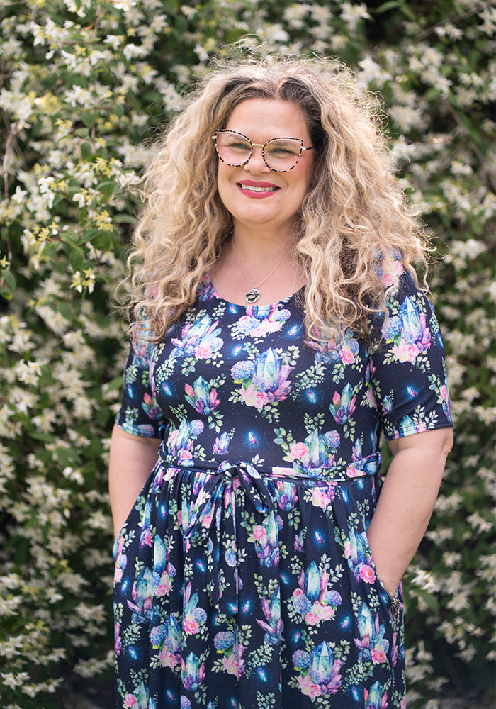Front view of Onila Pretty Crystals Print Midi Dress