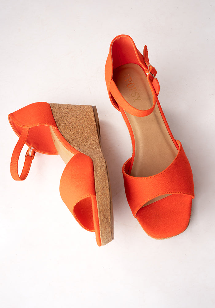Front view of Popsy Orange Cork Heel Wedges