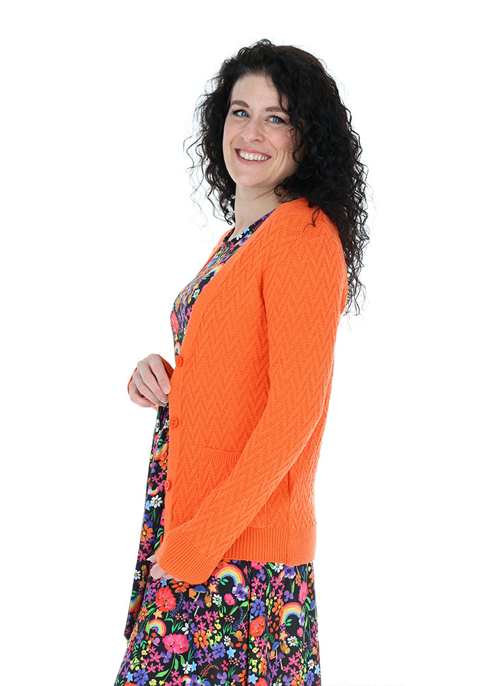 Second angle of Orange Chevron Knit Cardigan