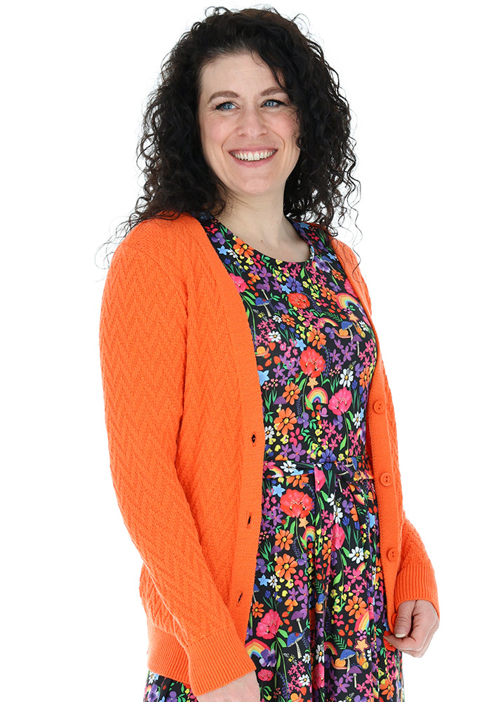 Front view of Orange Chevron Knit Cardigan