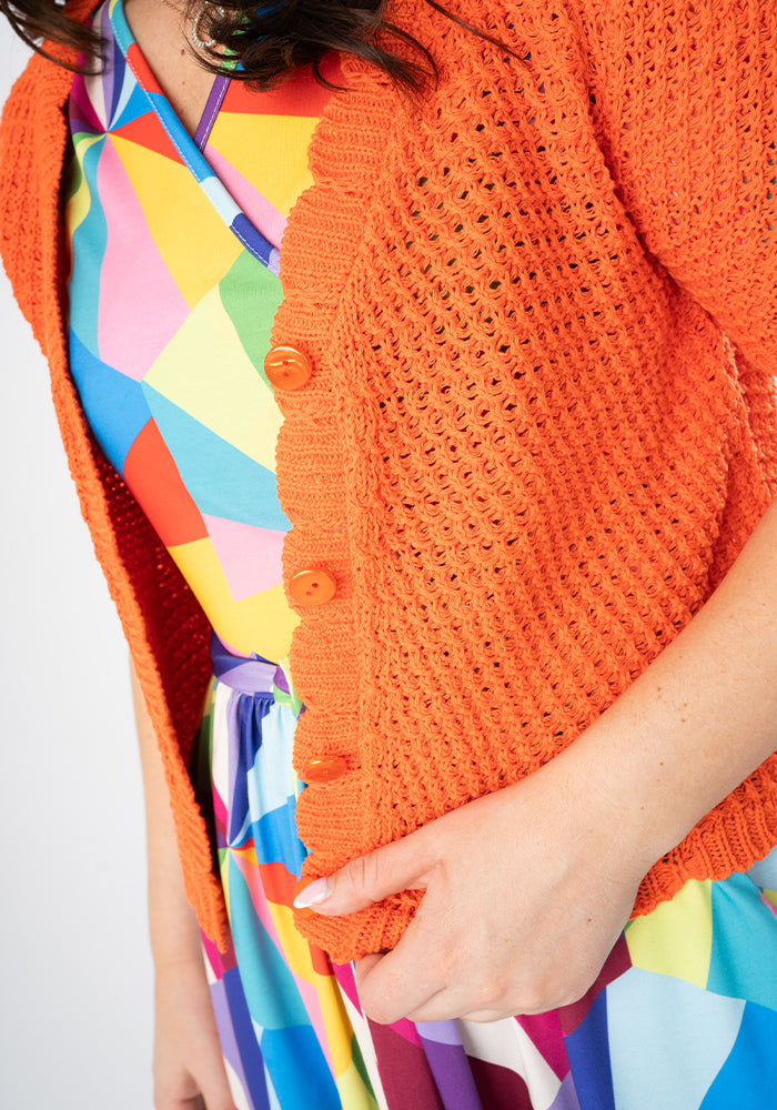 Second angle of Orange Scallop Short Sleeve Cardigan