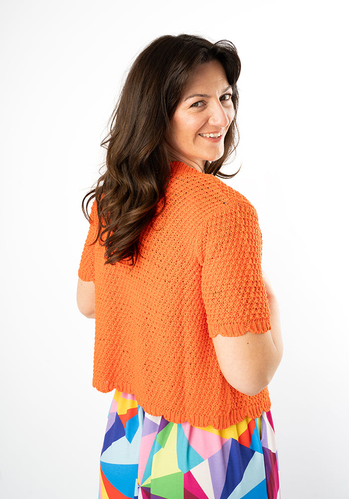 Third angle of Orange Scallop Short Sleeve Cardigan