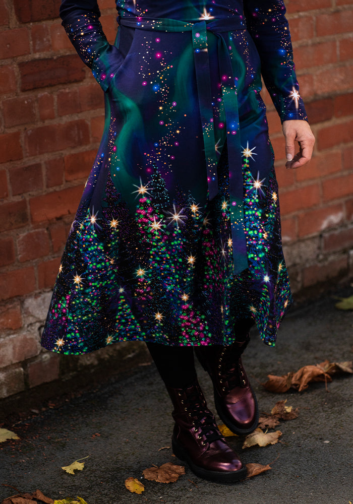 Orinda Navy Northern Lights Border Print Cotton Midi Dress