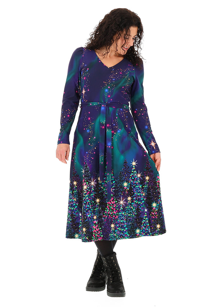 Orinda Navy Northern Lights Border Print Cotton Midi Dress