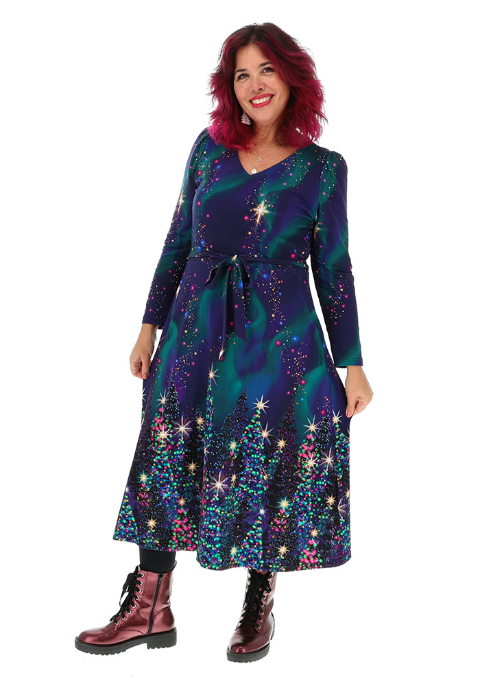 Orinda Navy Northern Lights Border Print Cotton Midi Dress