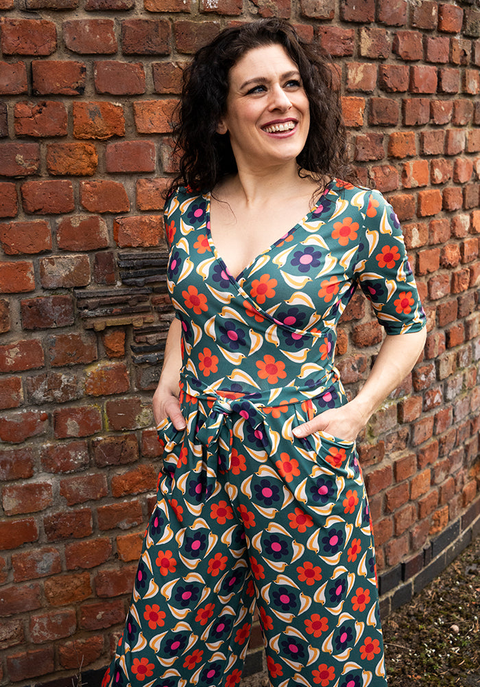 Third angle of Orson Retro Bird Print Culotte Leg Jumpsuit