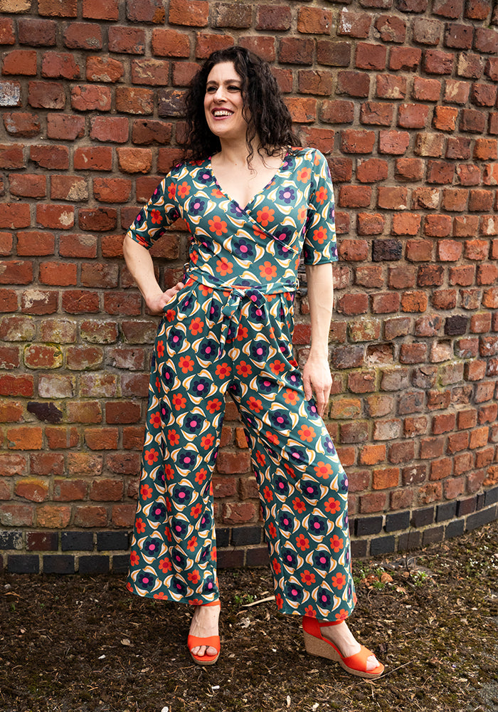Front view of Orson Retro Bird Print Culotte Leg Jumpsuit