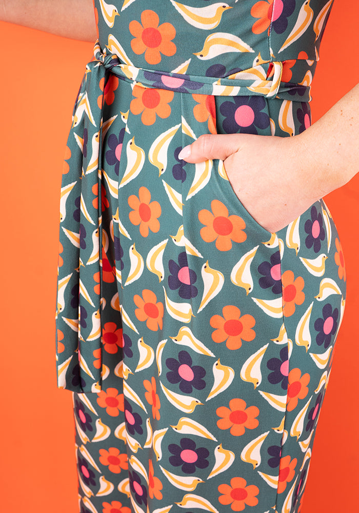 Orson Retro Bird Print Culotte Leg Jumpsuit