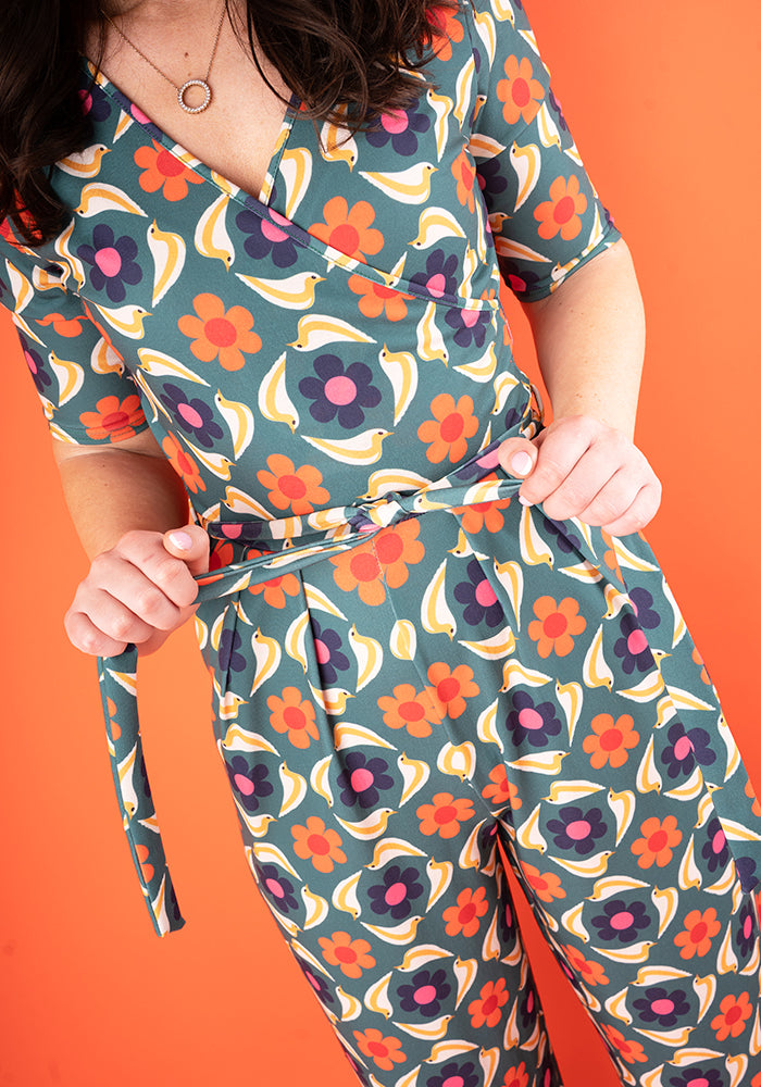 Sixth angle of Orson Retro Bird Print Culotte Leg Jumpsuit