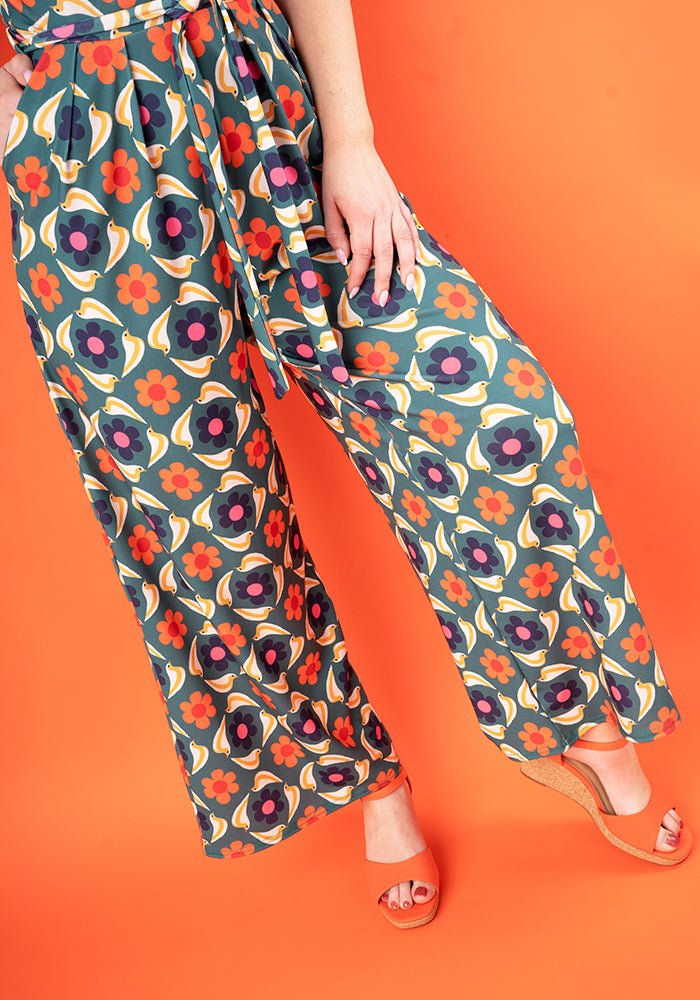 Orson Retro Bird Print Culotte Leg Jumpsuit