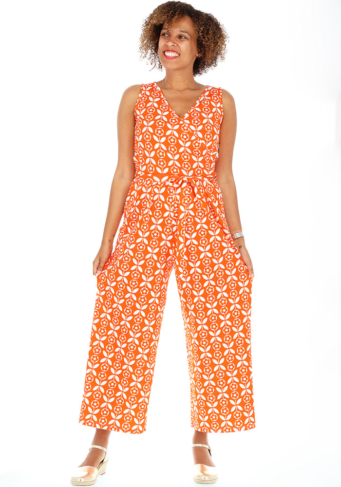Eighth angle of Ottavia Orange Retro Flower Print Cotton Culotte Jumpsuit
