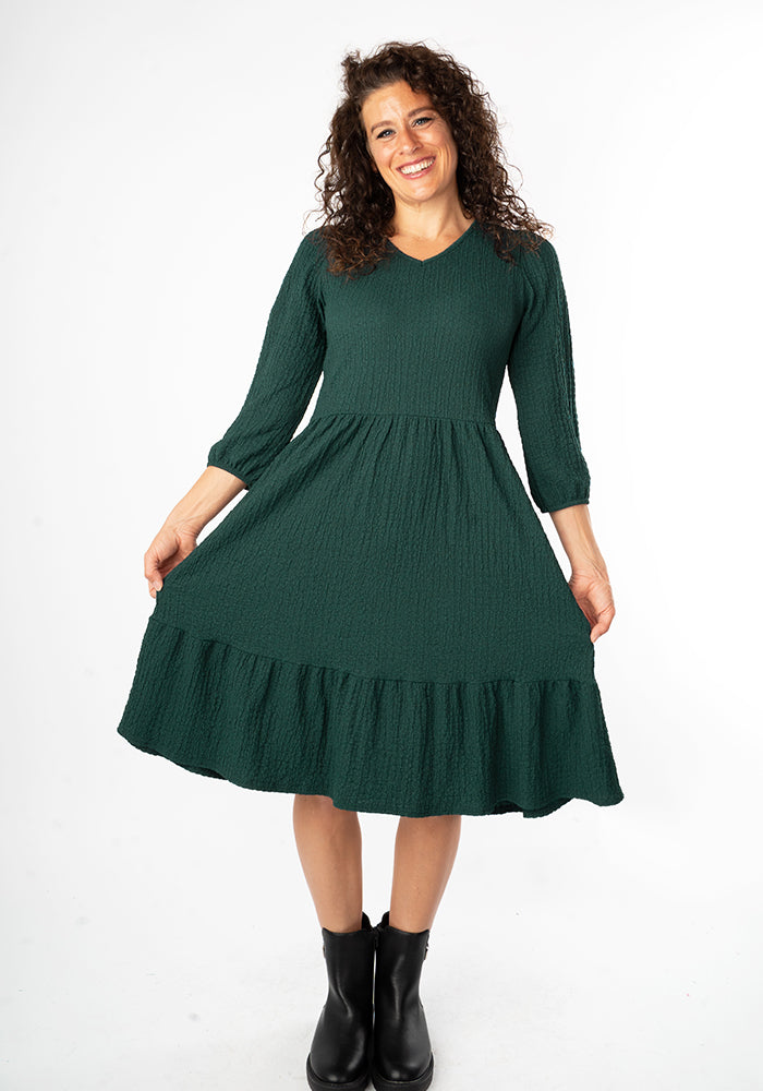 Third angle of Owena Bottle Green 2 Tiered Dress