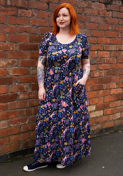 Oyster Magic Moth Print Tiered Hem Viscose Midaxi Dress