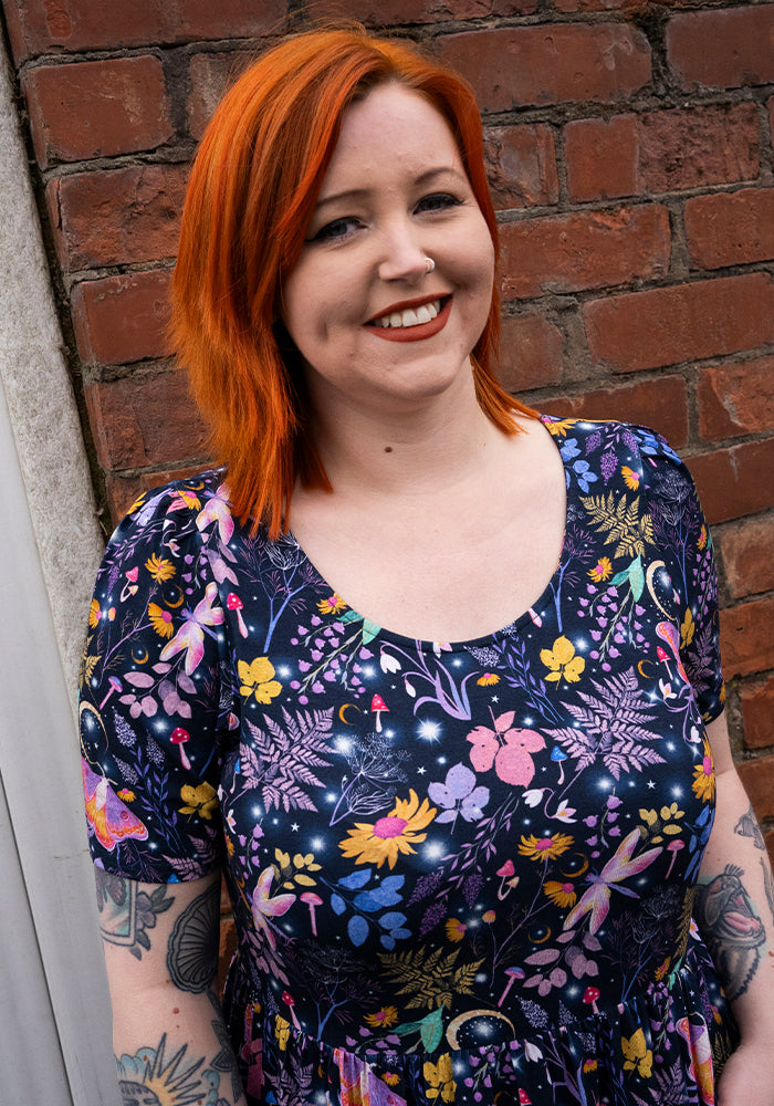 Oyster Magic Moth Print Tiered Hem Viscose Midaxi Dress