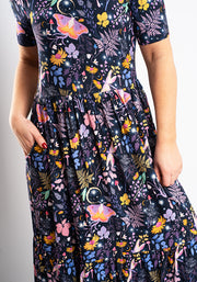 Oyster Magic Moth Print Tiered Hem Viscose Midaxi Dress