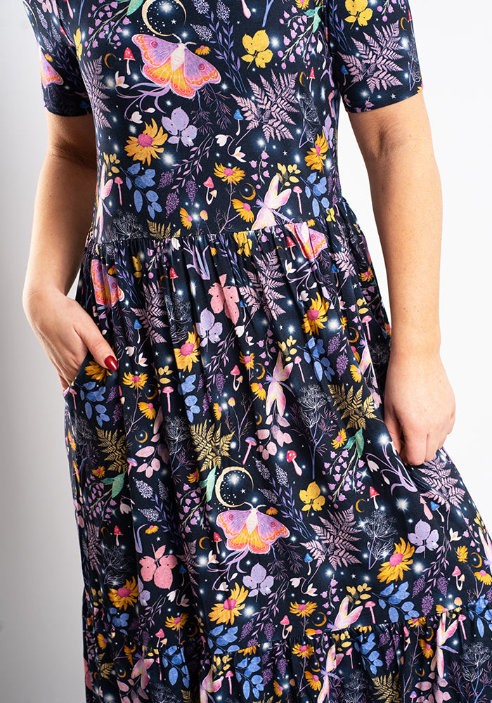 Oyster Magic Moth Print Tiered Hem Viscose Midaxi Dress