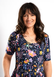 Oyster Magic Moth Print Tiered Hem Viscose Midaxi Dress