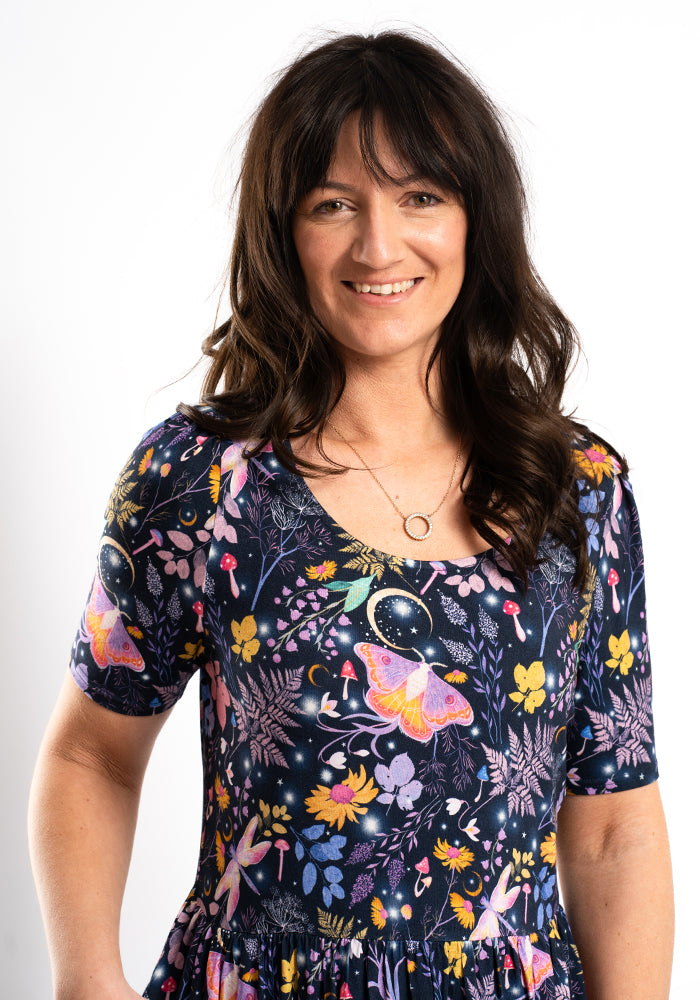Oyster Magic Moth Print Tiered Hem Viscose Midaxi Dress