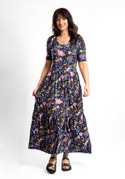 Oyster Magic Moth Print Tiered Hem Viscose Midaxi Dress