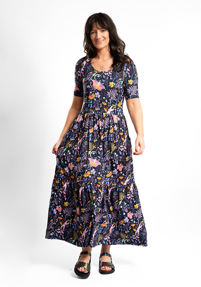 Oyster Magic Moth Print Tiered Hem Viscose Midaxi Dress