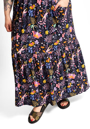 Oyster Magic Moth Print Tiered Hem Viscose Midaxi Dress
