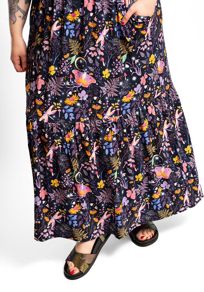 Oyster Magic Moth Print Tiered Hem Viscose Midaxi Dress