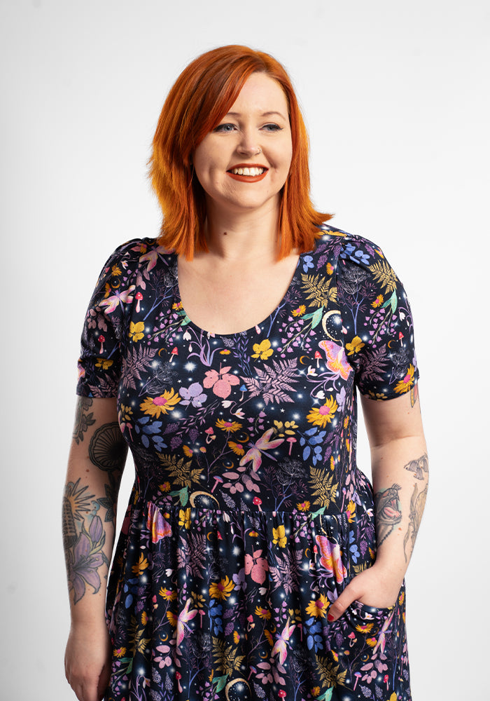 Oyster Magic Moth Print Tiered Hem Viscose Midaxi Dress