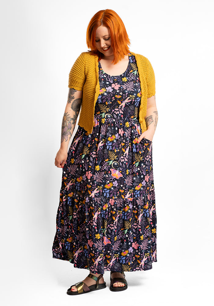 Oyster Magic Moth Print Tiered Hem Viscose Midaxi Dress
