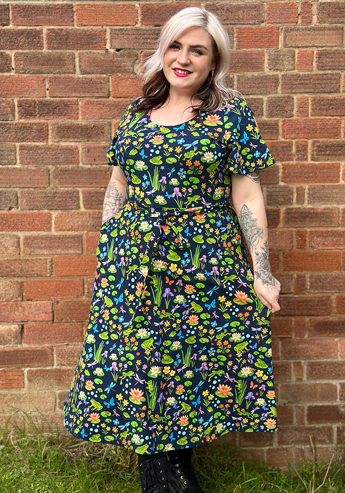 Front view of Padme Pond Life Print Cotton Midi Dress