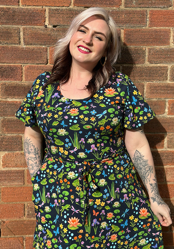 Ninth angle of Padme Pond Life Print Cotton Midi Dress